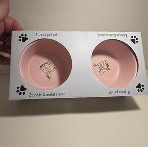Ceramic Pet Bowl 3-Piece Set for Cats & Metal Stand New